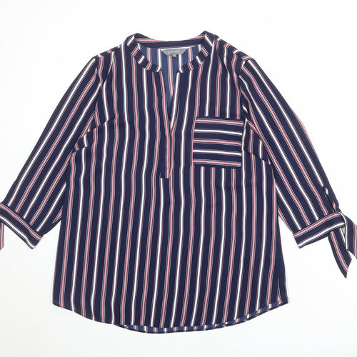 Principles Womens Blue Striped Polyester Basic Blouse Size 14 V-Neck - Tie Sleeve Detail