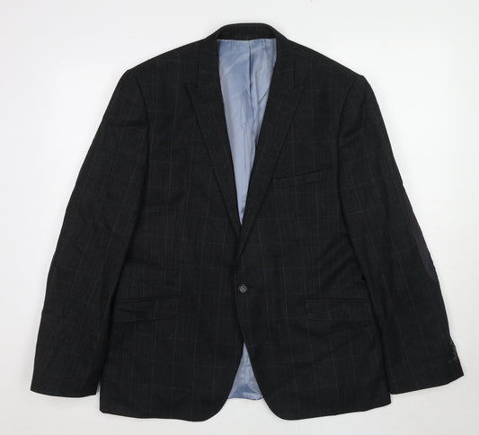 Holland & Quire Mens Black Striped Wool Jacket Blazer Size 44 Regular - Elbow Patches