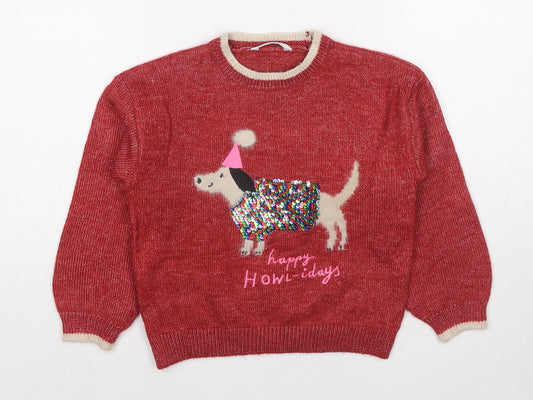 Marks and Spencer Girls Red Round Neck Polyester Pullover Jumper Size 5-6 Years Pullover - Happy Howl-idays Christmas
