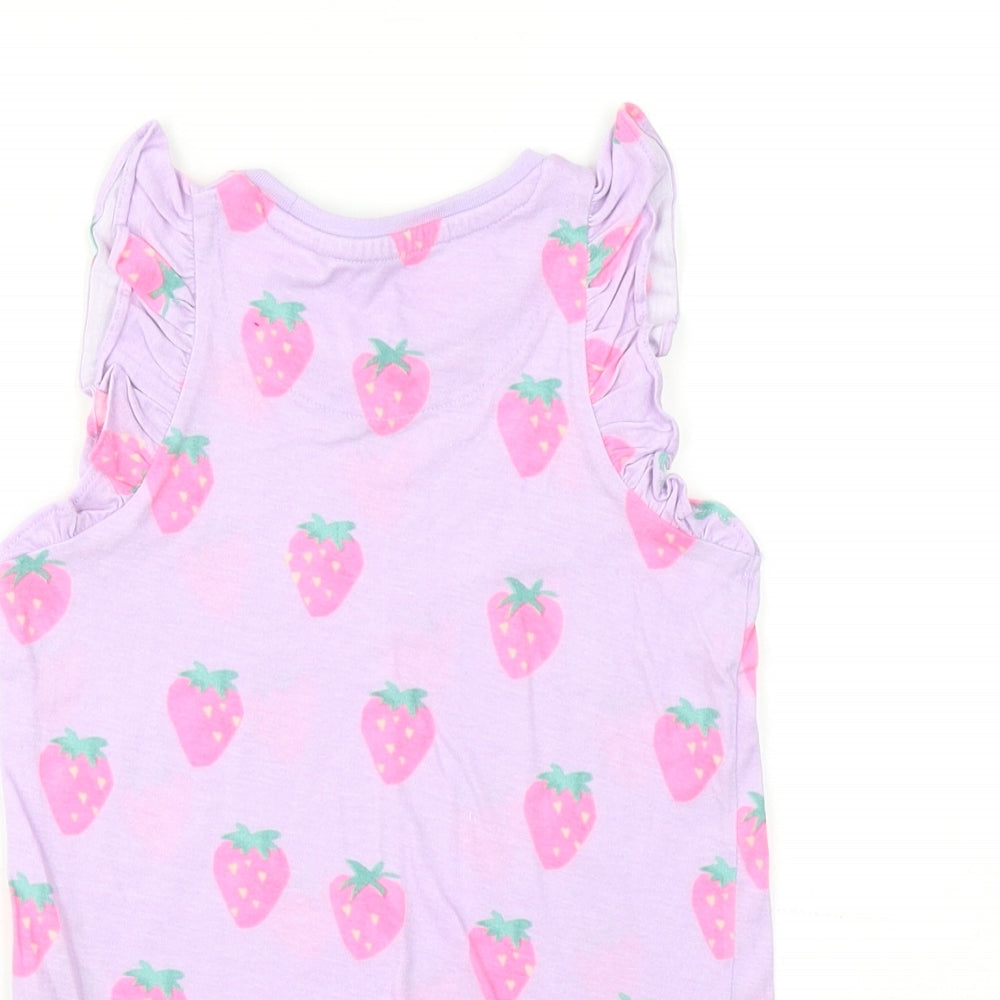 Marks and Spencer Girls Purple Geometric Cotton Basic Tank Size 3-4 Years Round Neck Pullover - Strawberry Print