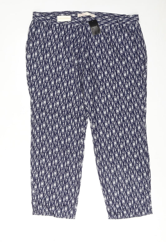 NEXT Womens Blue Geometric Linen Chino Trousers Size 20 Regular Zip