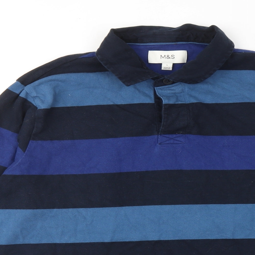 Marks and Spencer Mens Blue Striped Cotton Polo Size L Collared Button