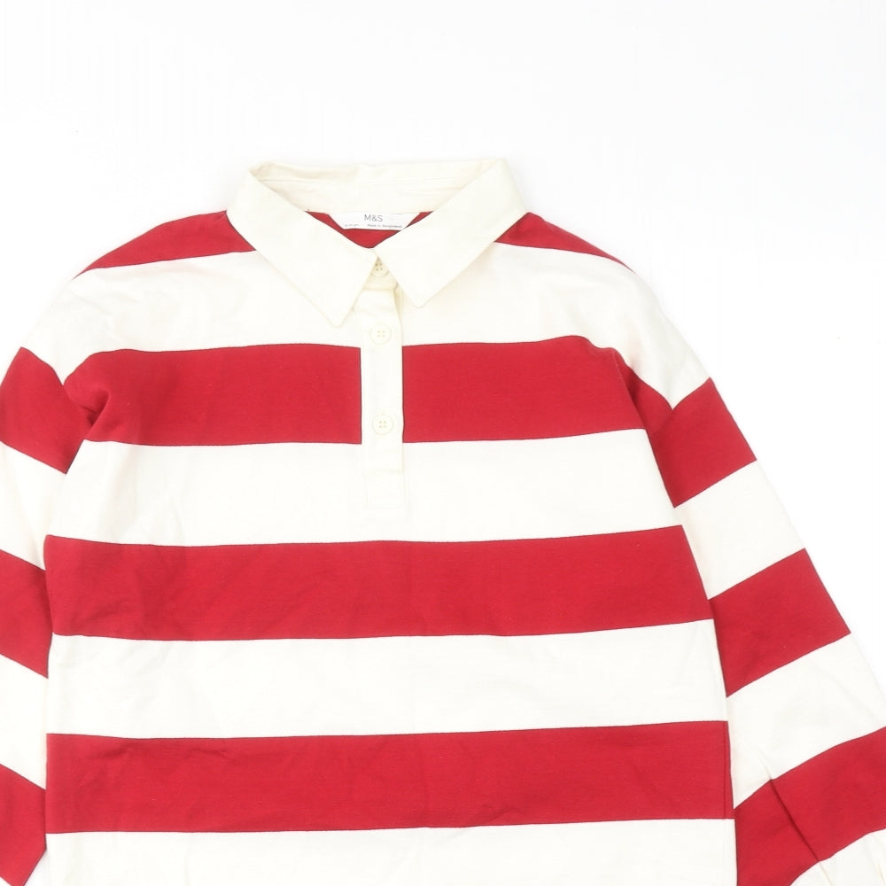 Marks and Spencer Girls Red Striped Cotton Jumper Dress Size 9-10 Years Collared Button