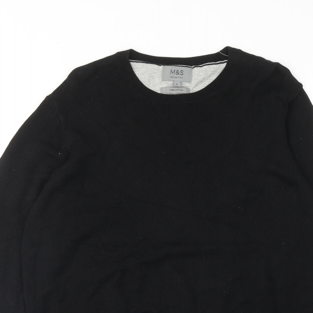Marks and Spencer Mens Black Round Neck Cotton Pullover Jumper Size L Long Sleeve