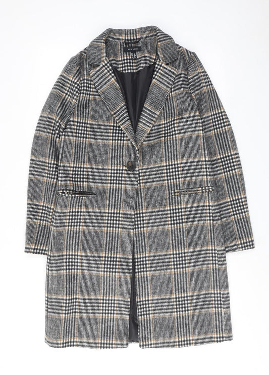 New Look Womens Brown Plaid Overcoat Coat Size 8 Button