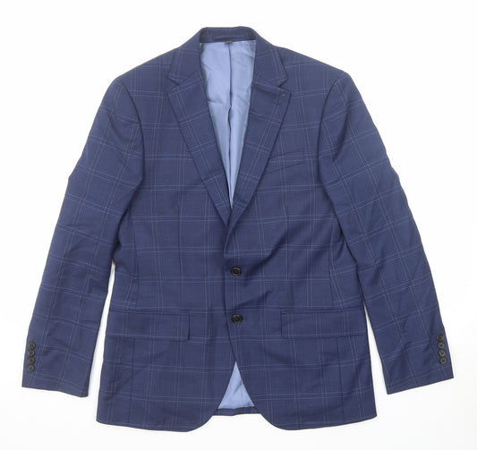 Marks and Spencer Mens Blue Plaid Polyester Jacket Suit Jacket Size 38 Regular