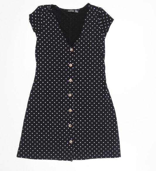 Boohoo Womens Black Polka Dot Polyester A-Line Size 10 V-Neck Button