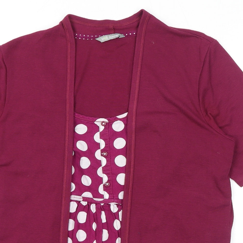 Marks and Spencer Womens Purple Polka Dot Polyester Basic Blouse Size 12 Scoop Neck - Mock Cardigan Top