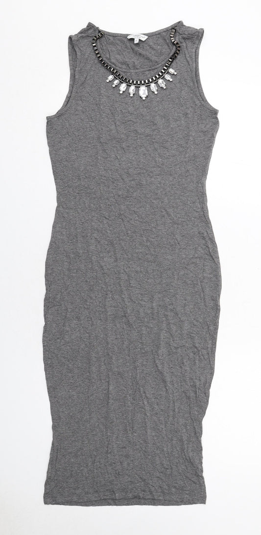New Look Womens Grey Viscose Shift Size 12 Round Neck Pullover - Chain Detail on Neckline