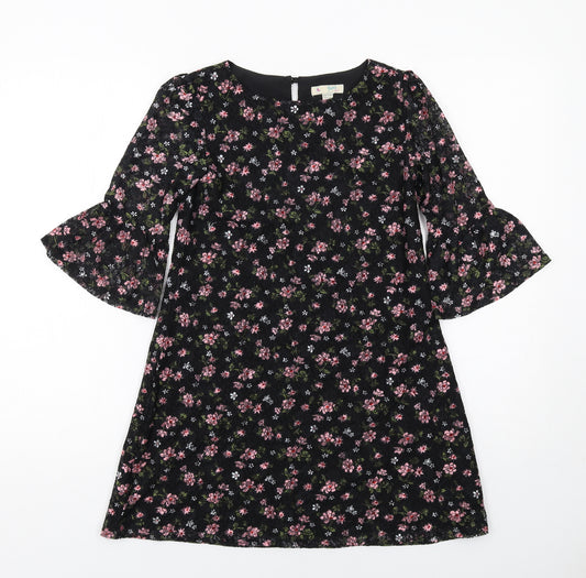 Yumi Girls Black Floral Polyester A-Line Size 9-10 Years Boat Neck Button - Flute Sleeve