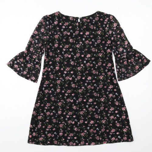 Yumi Girls Black Floral Polyester A-Line Size 9-10 Years Boat Neck Button - Flute Sleeve