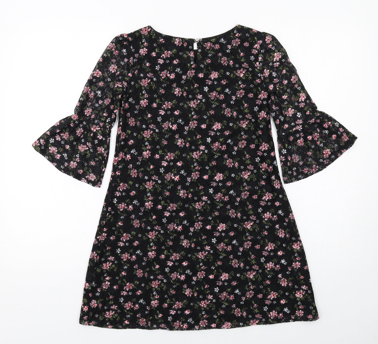 Yumi Girls Black Floral Polyester A-Line Size 9-10 Years Boat Neck Button - Flute Sleeve
