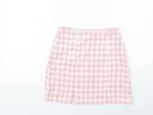 ASOS Womens Pink Check Polyester A-Line Skirt Size 8 Zip