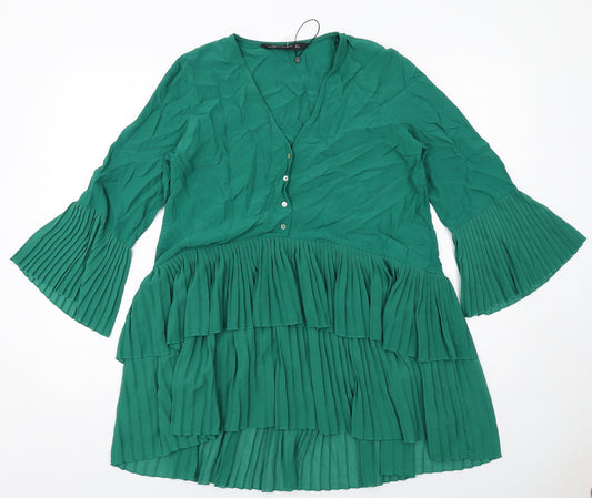 Zara Womens Green Polyester Skater Dress Size S V-Neck Button