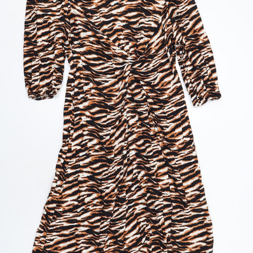 Marks and Spencer Womens Brown Animal Print Viscose A-Line Size 18 Round Neck Button - Tiger Print