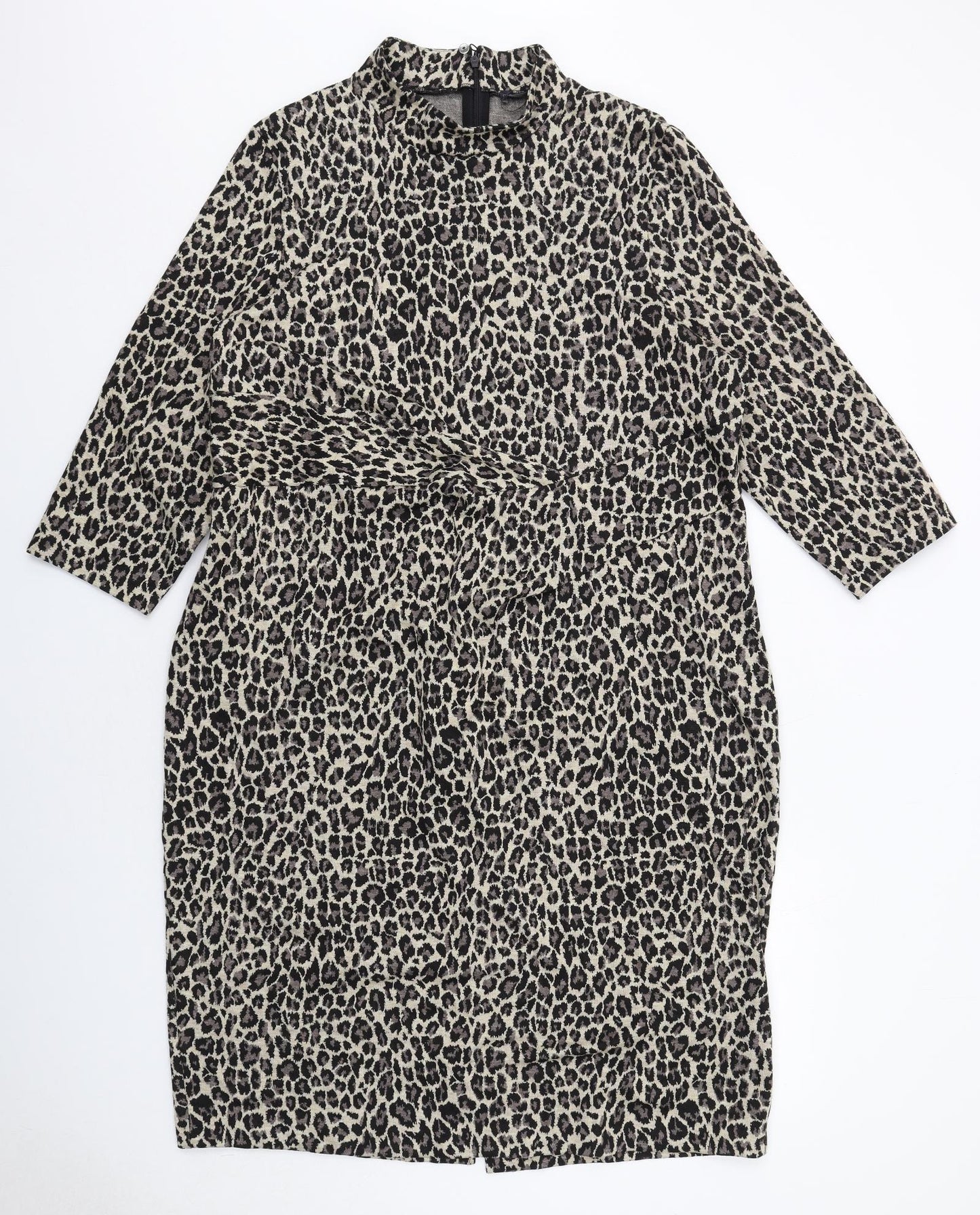 Marks and Spencer Womens Beige Animal Print Polyester A-Line Size 22 Mock Neck Zip - Leopard pattern