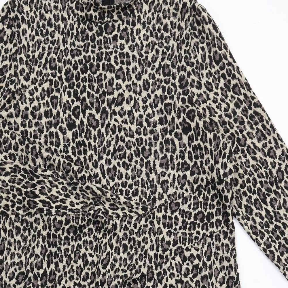 Marks and Spencer Womens Beige Animal Print Polyester A-Line Size 22 Mock Neck Zip - Leopard pattern