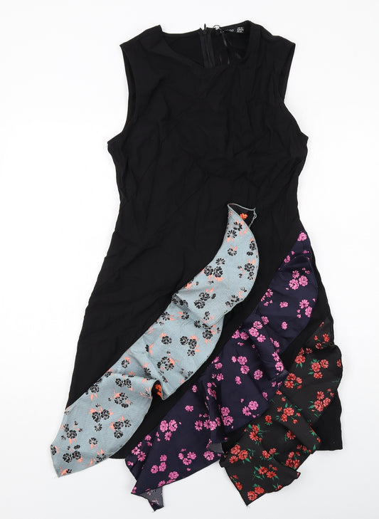 Boohoo Womens Black Floral Polyester A-Line Size 14 Round Neck Zip