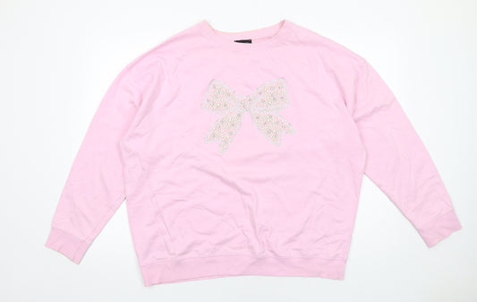 New Look Womens Pink Cotton Pullover Sweatshirt Size L Pullover - Bow detail