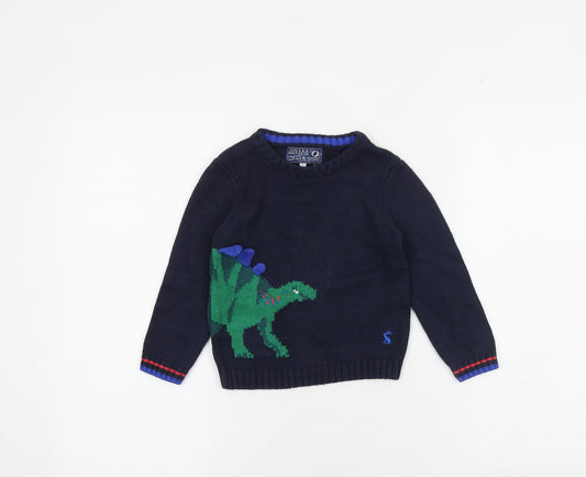 Joules Boys Blue Round Neck Cotton Pullover Jumper Size 2 Years Pullover - Dinosaur