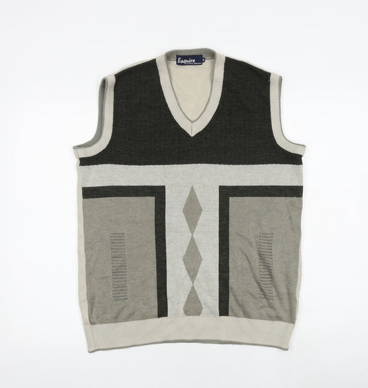 Esquire Mens Multicoloured V-Neck Geometric Acrylic Vest Jumper Size M Sleeveless