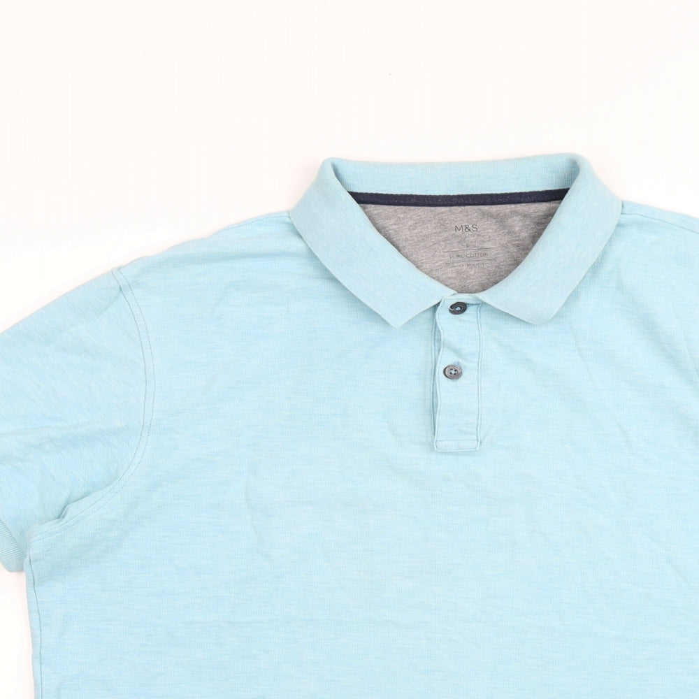 Marks and Spencer Mens Blue 100% Cotton Polo Size L Collared Button