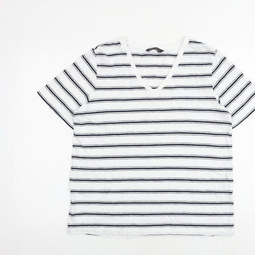 Marks and Spencer Womens White Striped 100% Cotton Basic T-Shirt Size 12 V-Neck