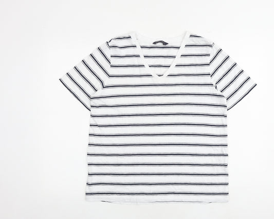 Marks and Spencer Womens White Striped 100% Cotton Basic T-Shirt Size 12 V-Neck