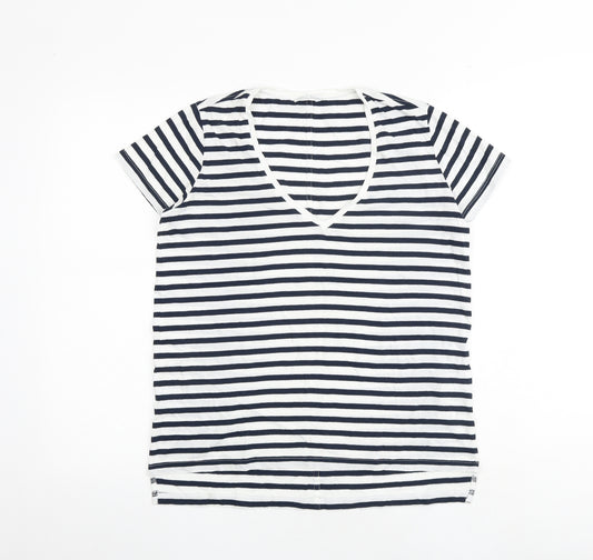 Zara Womens White Striped 100% Cotton Basic T-Shirt Size S V-Neck