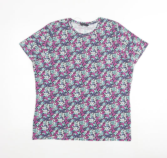 Marks and Spencer Womens Multicoloured Floral Cotton Basic T-Shirt Size 20 Round Neck