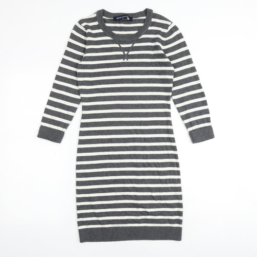 French Connection Womens Grey Striped Cotton Jumper Dress Size 10 Round Neck Pullover