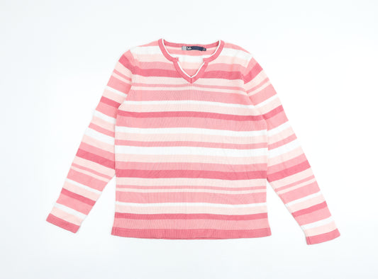 EWM Womens Pink V-Neck Striped 100% Cotton Pullover Jumper Size M - Size 14-16