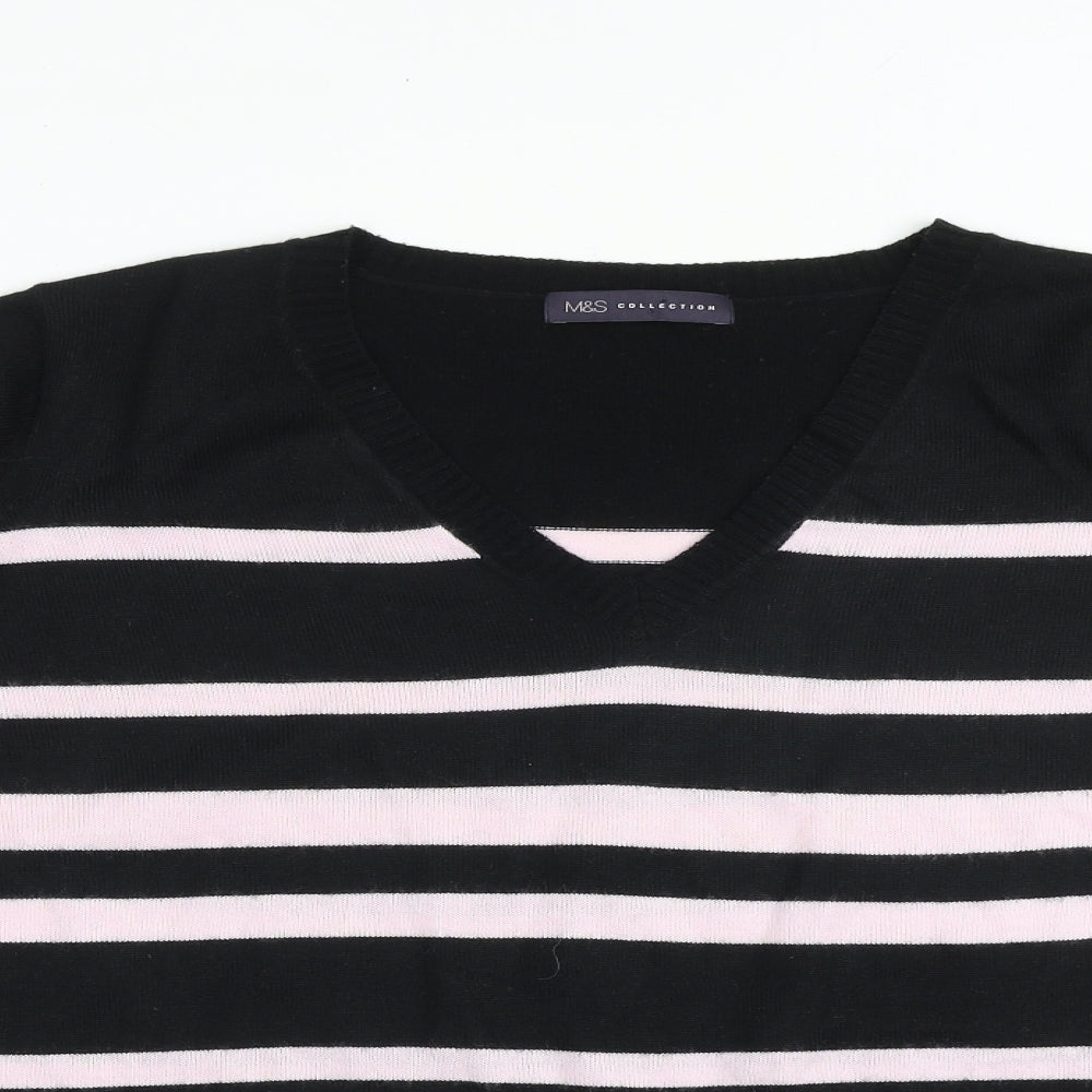 Marks and Spencer Womens Black V-Neck Striped Acrylic Pullover Jumper Size 18