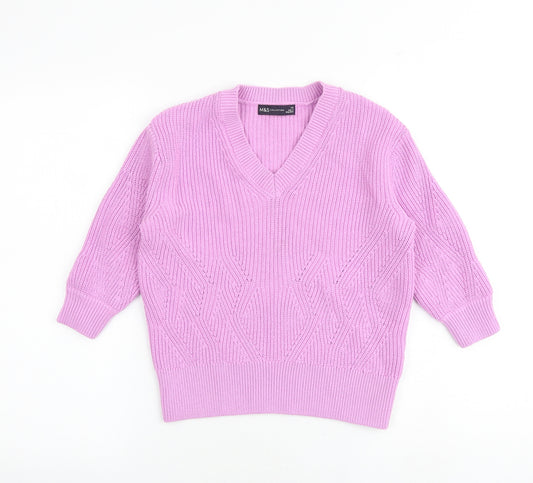 Marks and Spencer Womens Pink V-Neck Cotton Pullover Jumper Size XS