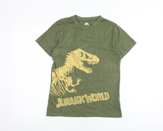 Jurassic Park Boys Green Cotton Basic T-Shirt Size 10-11 Years Round Neck Pullover - Jurassic World