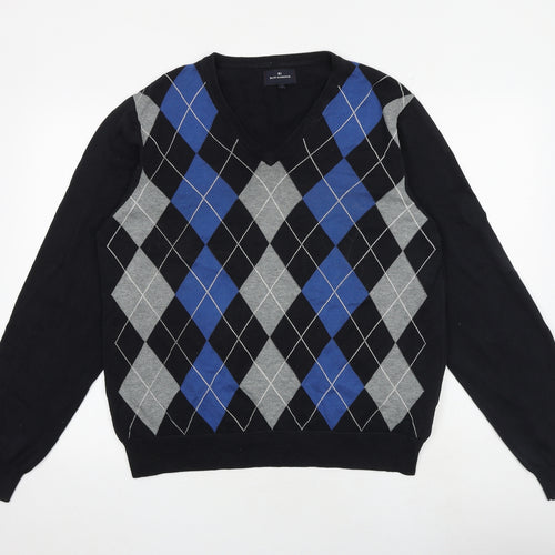 Blue Harbour Mens Multicoloured V-Neck Argyle/Diamond Cotton Pullover Jumper Size L Long Sleeve