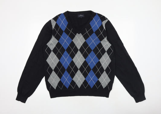 Blue Harbour Mens Multicoloured V-Neck Argyle/Diamond Cotton Pullover Jumper Size L Long Sleeve