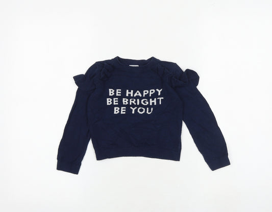 NEXT Girls Blue Round Neck Cotton Pullover Jumper Size 4 Years Pullover - Be Happy Be Bright Be You