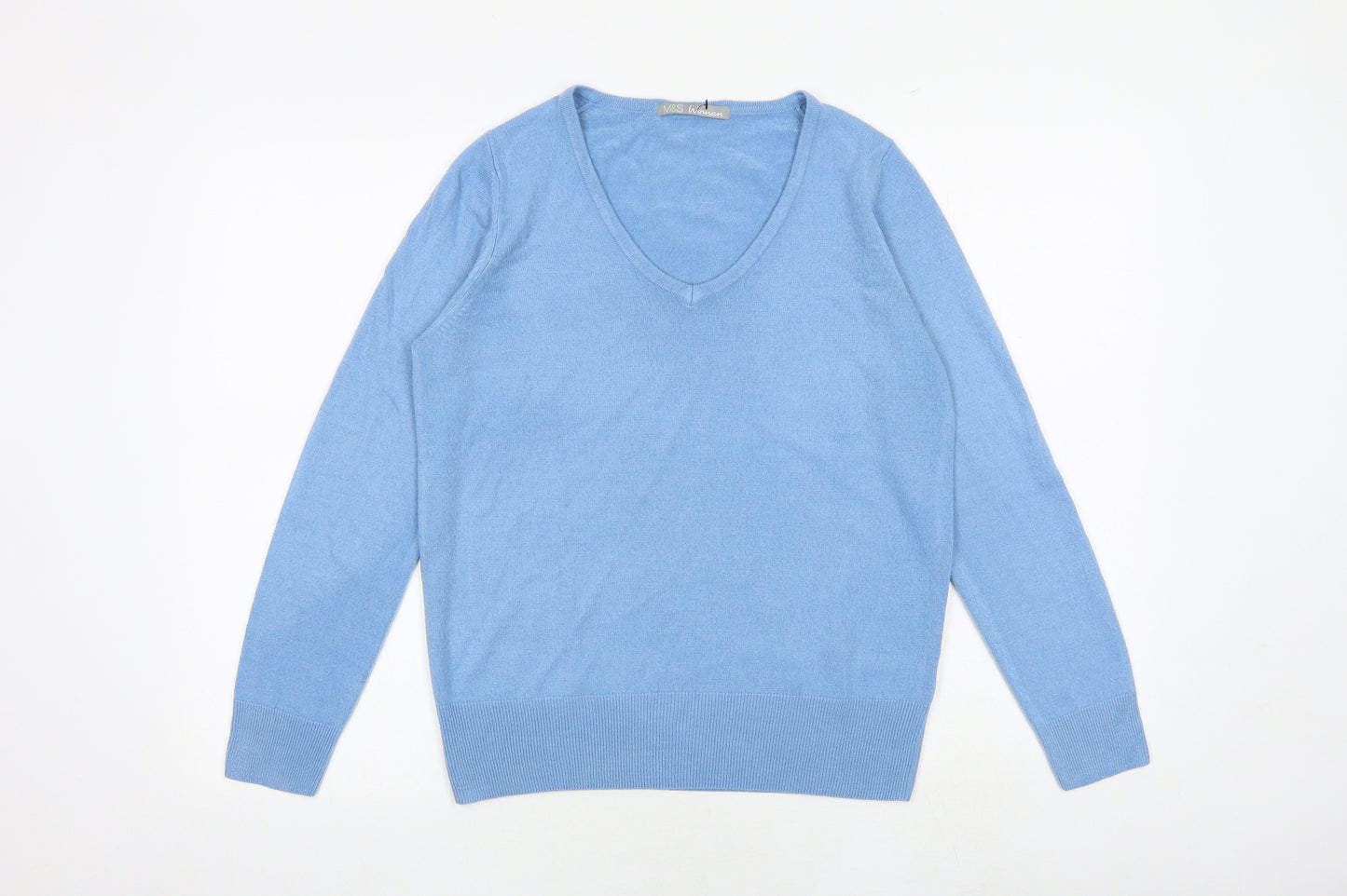 Marks and Spencer Womens Blue V-Neck Acrylic Pullover Jumper Size 12