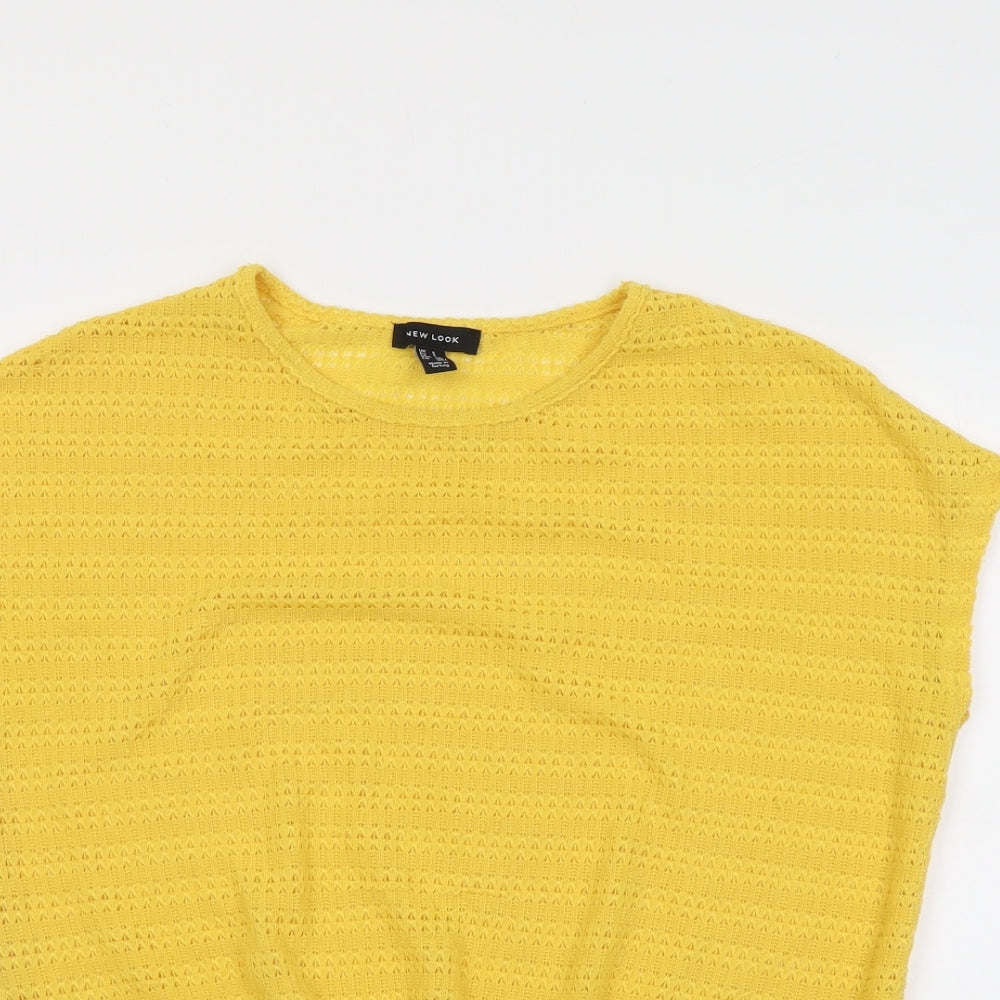New Look Womens Yellow Polyester Basic Blouse Size S Round Neck - Textured Tie Front