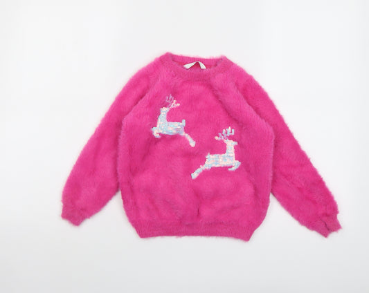 Marks and Spencer Girls Pink Round Neck Polyamide Pullover Jumper Size 6-7 Years Pullover - Reindeer Christmas
