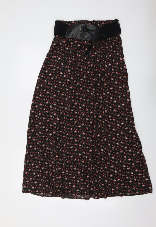 New Look Womens Black Floral Viscose Peasant Skirt Size 10 - Belt included