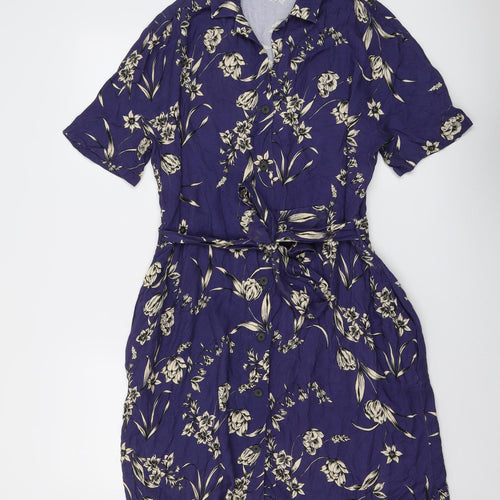 House of Bruar Womens Blue Floral Viscose Shirt Dress Size 16 Collared Button