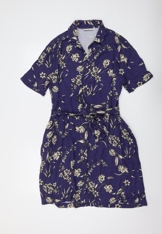 House of Bruar Womens Blue Floral Viscose Shirt Dress Size 16 Collared Button