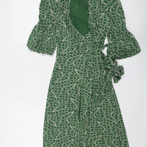 Topshop Womens Green Geometric Viscose Wrap Dress Size 8 V-Neck Tie