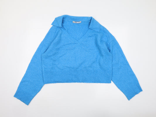 Bershka Womens Blue Collared Acrylic Pullover Jumper Size M