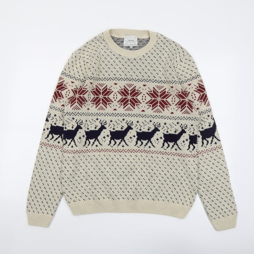 Topman Mens Beige Round Neck Fair Isle Acrylic Pullover Jumper Size M Long Sleeve - Reindeer Christmas