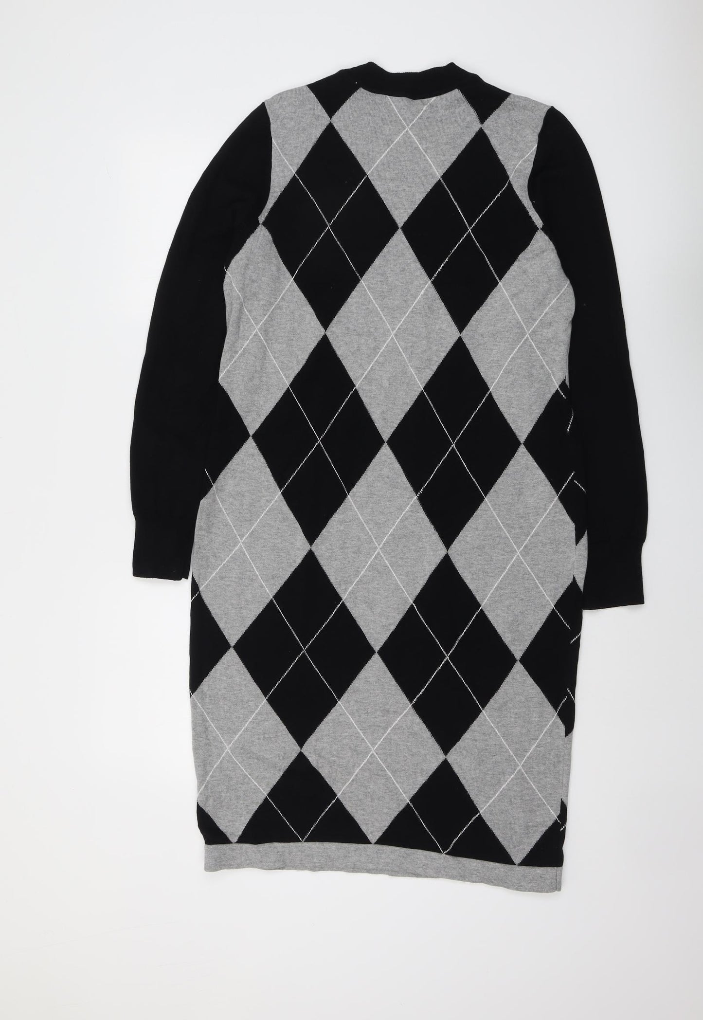NEXT Womens Black Argyle/Diamond Cotton Jumper Dress Size 16 Round Neck Pullover