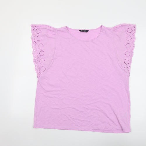 Marks and Spencer Womens Purple Cotton Basic T-Shirt Size 16 Boat Neck - Broderie Anglaise Details