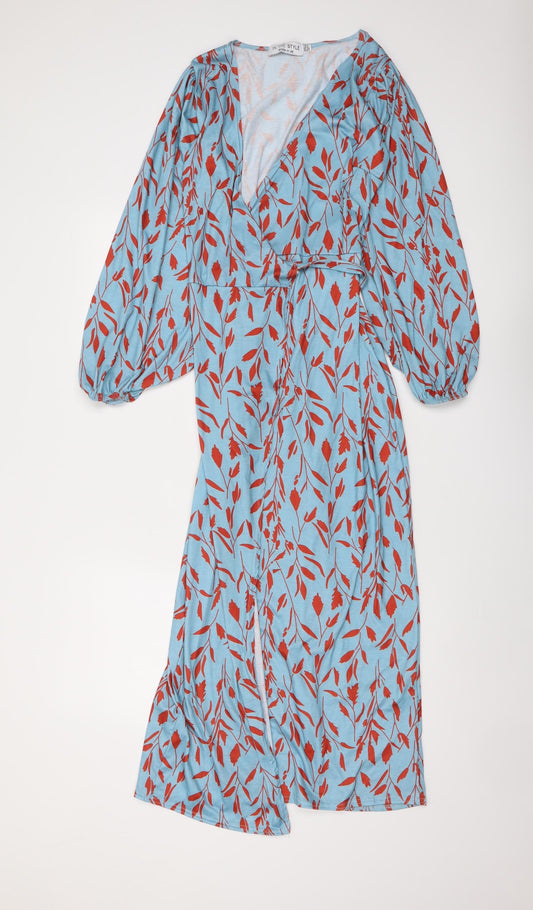 In the Style Womens Blue Geometric Polyester Wrap Dress Size 4 V-Neck Tie - Leaf pattern